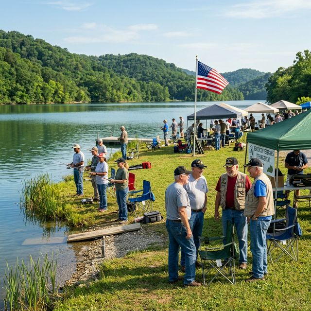 Group of veterans at an outdoor fishing event on a Kentucky lake shoreline with American flag, canopy tents, and green rolling hillside