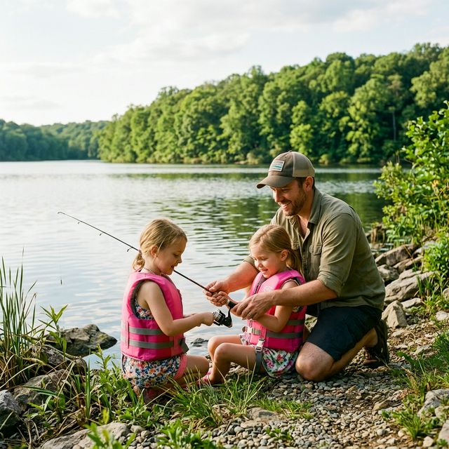 A father kneeling by the shore of Triadelphia Reservoir in Maryland, helping his two young daughters in pink life jackets hold a small spinning rod, surrounded by summer green forest