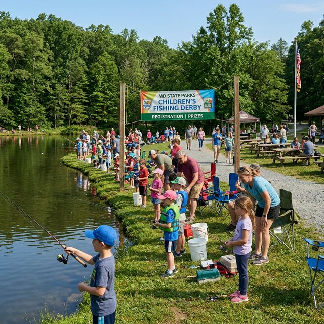A children's fishing derby event at a Maryland state park with dozens of families and kids aged 5-12 lined up along a stocked pond, colorful banner overhead, picnic tables and forest in the background