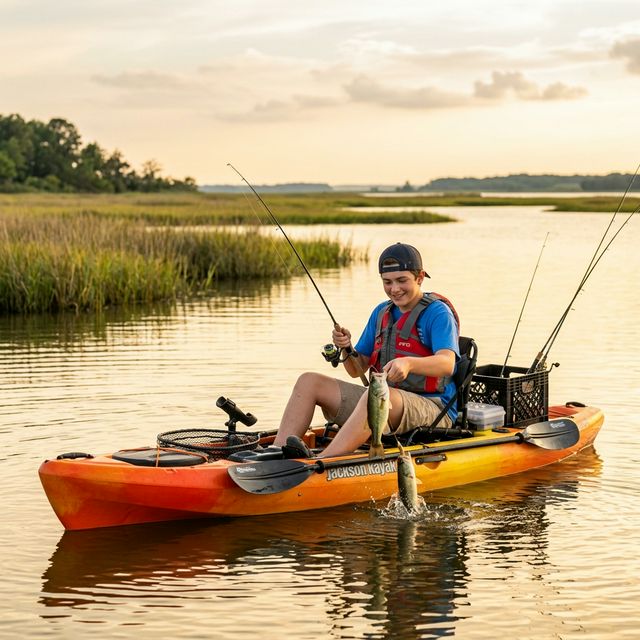 A teenage boy fishing from a bright kayak on the Choptank River on Maryland's Eastern Shore, holding a small largemouth bass with marsh grass and flat landscape in the background