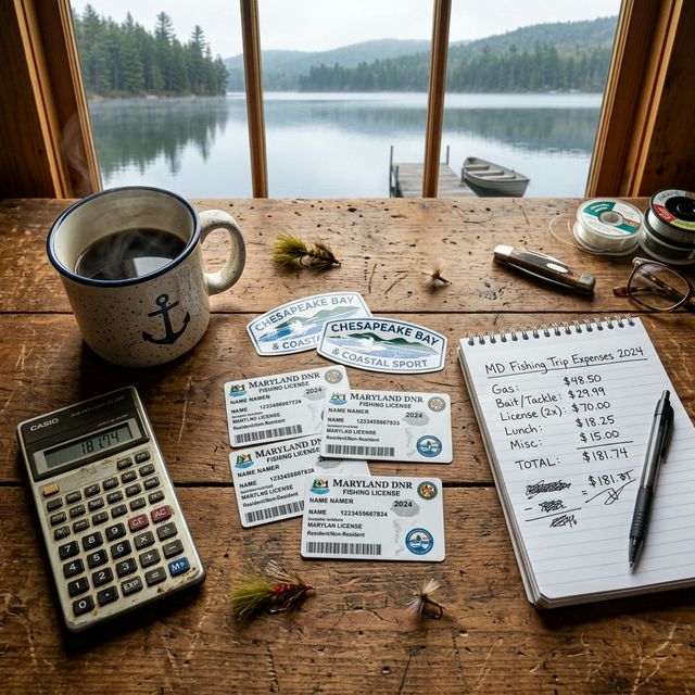 Overhead view of a wooden cabin table with Maryland fishing license cards, a calculator, a coffee mug, and a notepad with handwritten cost calculations, with a lake view through the window