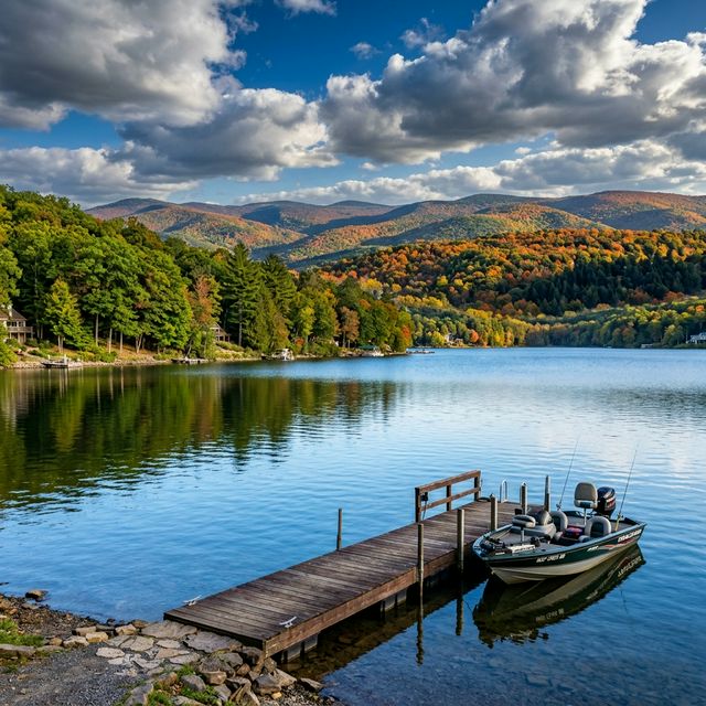 Panoramic landscape of Deep Creek Lake, Maryland with a dock and bass boat on crystal-clear mountain water, surrounded by autumn-colored Appalachian ridgeline under dramatic cumulus clouds