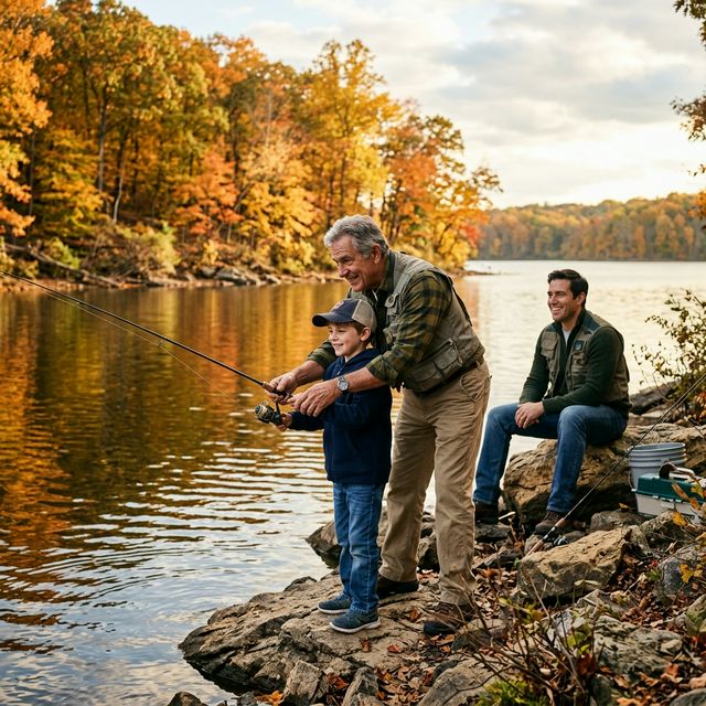 A grandfather teaching his young grandson to cast a fishing rod at Loch Raven Reservoir in Maryland, with autumn hardwood forest reflecting in the water and the boy's father watching from a nearby rock
