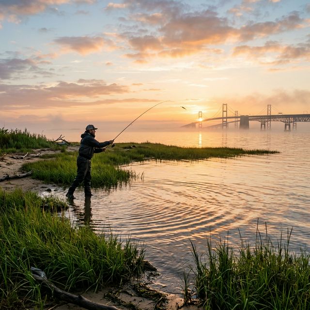An angler in waders casting into a calm Chesapeake Bay cove at sunrise near Sandy Point State Park, with the Bay Bridge visible through morning mist and marsh grass in the foreground