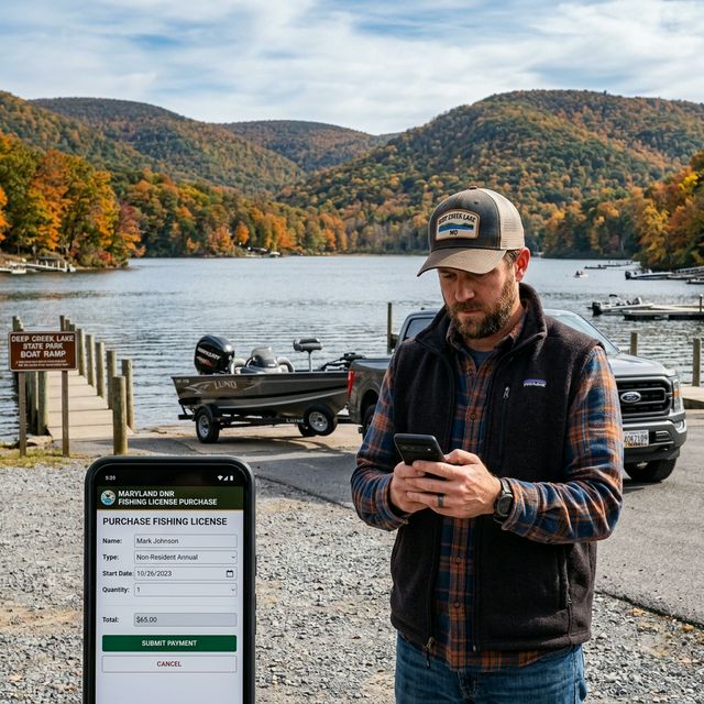 An angler purchasing a Maryland fishing license on a smartphone at the Deep Creek Lake boat ramp with Appalachian mountains showing fall colors in the background