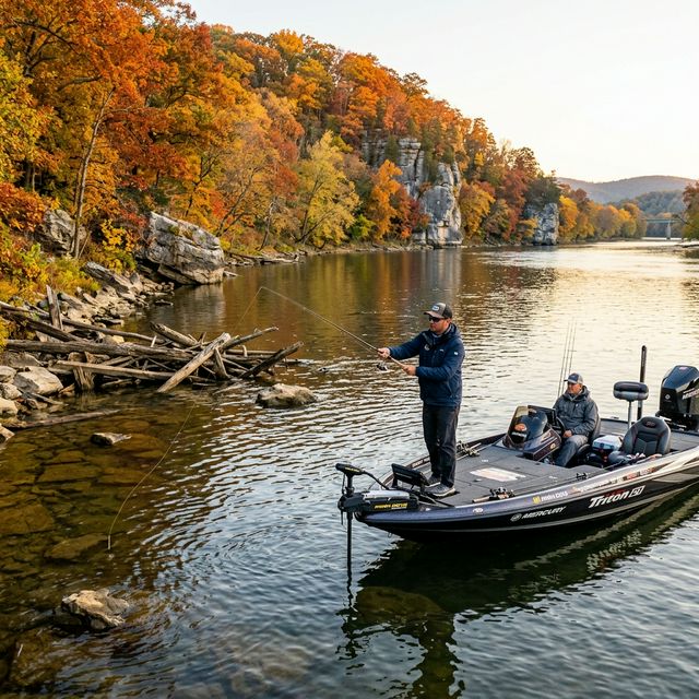 Two anglers fishing from a bass boat on the Potomac River in autumn with vibrant orange and red foliage on the Maryland shoreline and limestone outcrops along the riverbank