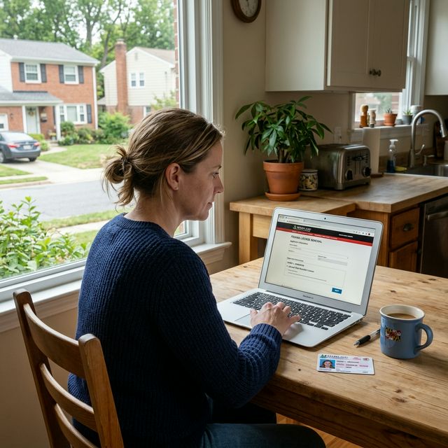 A woman sitting at a kitchen table renewing her Maryland fishing license on a laptop with the COMPASS website, a Maryland license card and coffee mug on the wooden table