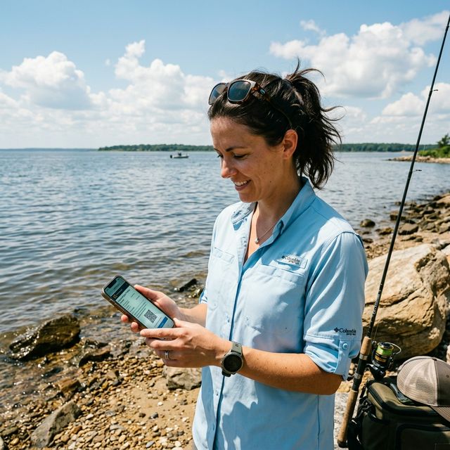 A woman angler at a Chesapeake Bay shoreline checking her digital fishing license on a smartphone, wearing a fishing shirt with polarized sunglasses, with the Bay and Eastern Shore visible behind