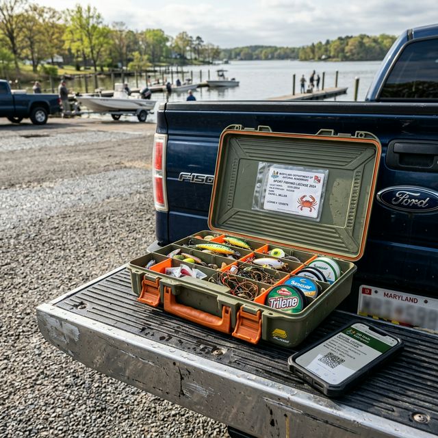 A fishing tackle box open on a pickup truck tailgate at a Maryland boat ramp, with a license card in the lid and a smartphone showing a digital license confirmation beside it