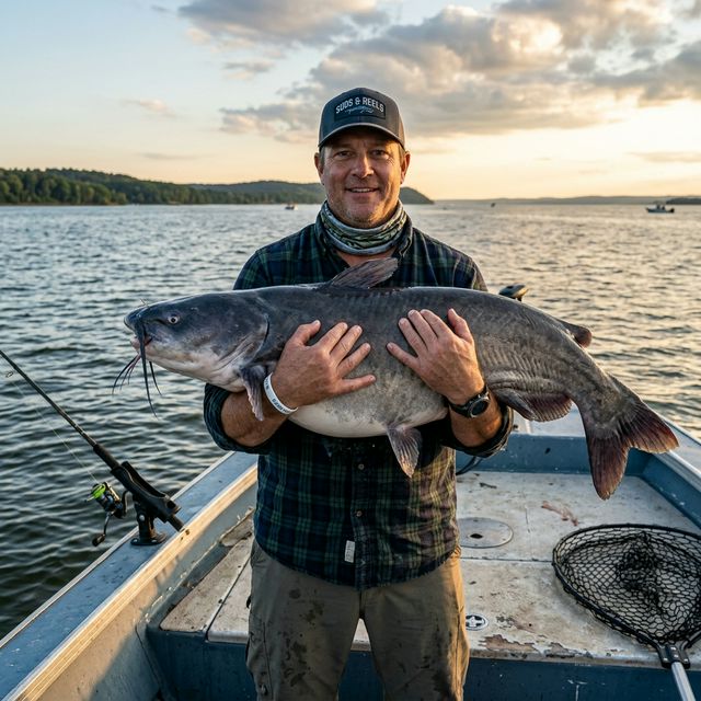 An angler holding a large 30-pound blue catfish on a boat in the upper Chesapeake Bay near the Susquehanna Flats, with the Maryland shoreline and evening sky in the background