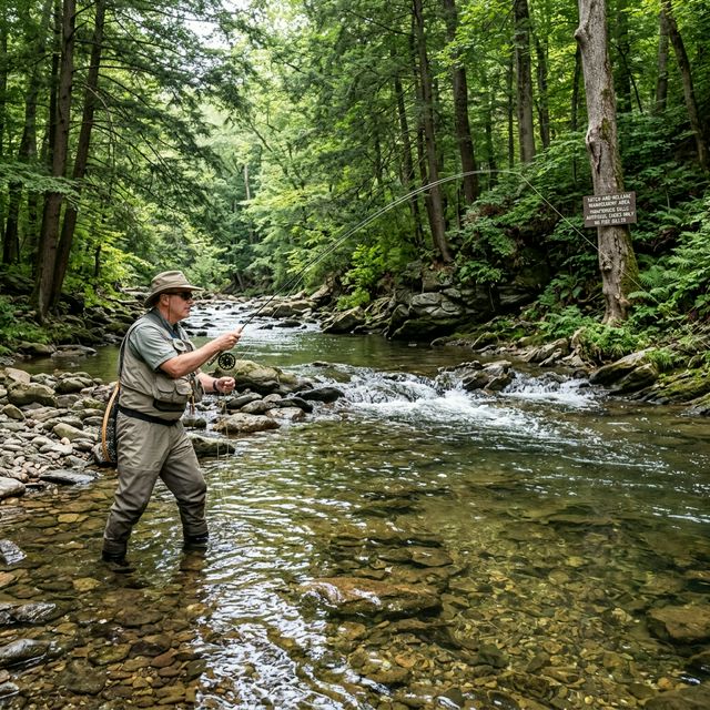 A fly fisherman wading in the clear shallow water of Gunpowder Falls, Baltimore County, casting toward a riffle with tall hemlock trees shading the stream and a catch-and-release sign visible