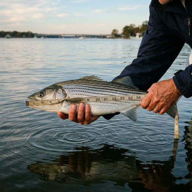 Close-up of an angler's hands holding a striped bass horizontally over the Chesapeake Bay water with a measuring tape showing approximately 22 inches, preparing to release the fish