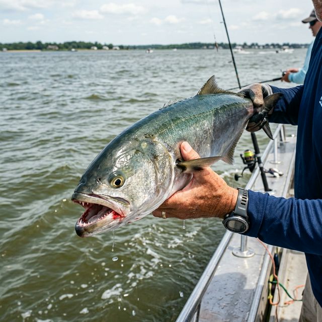 An angler holding a bluefish on a charter boat in the Chesapeake Bay, showing the fish's blue-green back, silver sides, and sharp teeth, with the Bay water and distant shore in the background