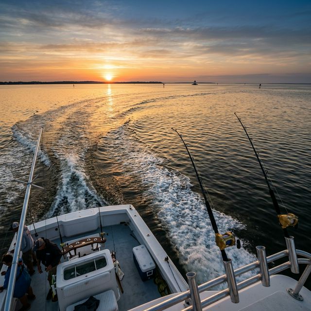 A charter fishing boat heading out on the Chesapeake Bay at sunrise near Tilghman Island, Maryland with sport fishing rods in holders and the Bay stretching to the horizon
