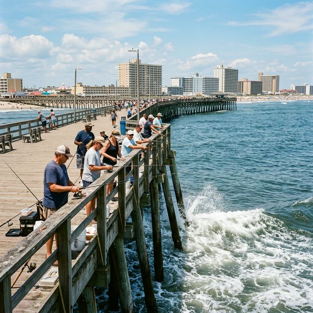 Anglers fishing from the Ocean City, Maryland pier extending into the Atlantic Ocean with waves breaking against the pylons and the Ocean City skyline visible along the shore