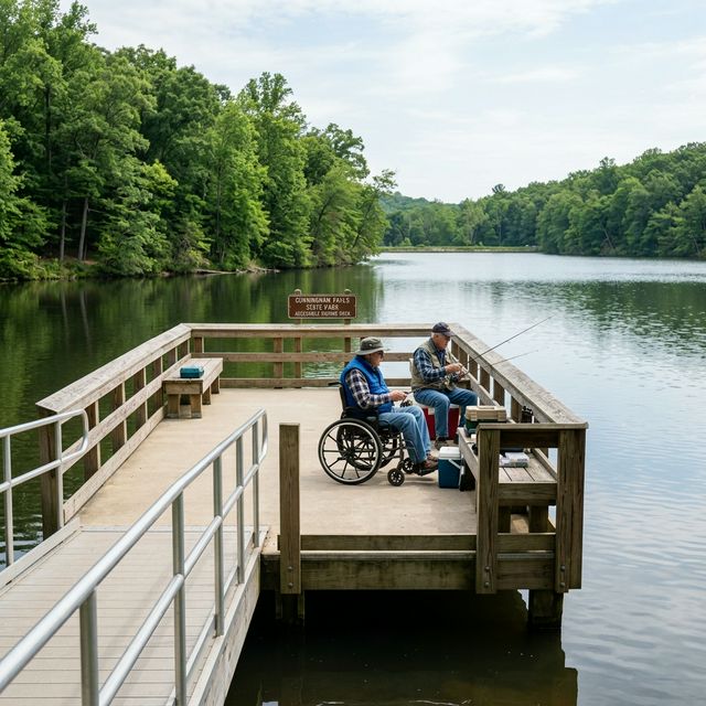 An accessible ADA-compliant fishing dock with wheelchair ramp and guardrails at a Maryland state park lake, with two senior anglers fishing side by side surrounded by hardwood forest