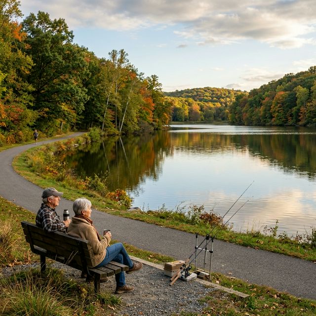 A senior couple sitting on a park bench at Centennial Lake in Columbia, Maryland during early autumn, with fishing rods propped on holders and fall foliage reflecting in the calm water