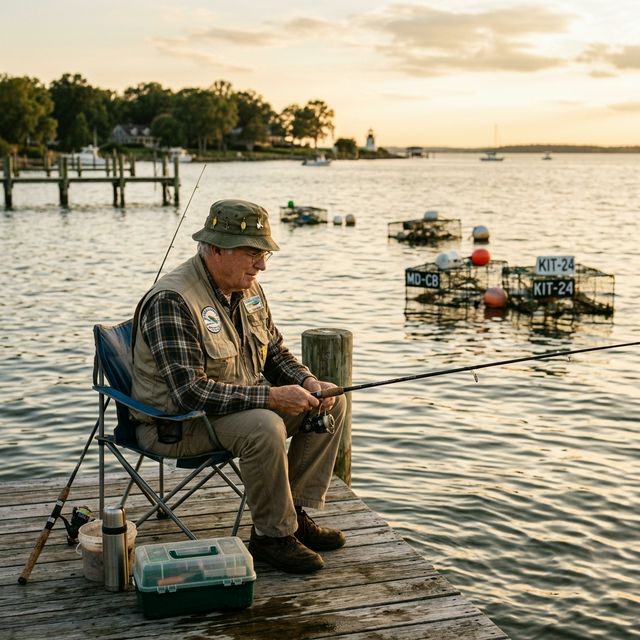 A retired senior man fishing from a wooden pier on the Chesapeake Bay near Kent Island at golden hour, with crab pots visible in the calm tidal water and a lighthouse in the background