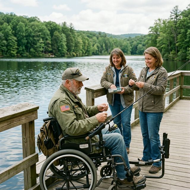 A wheelchair-using veteran fishing from an accessible pier at a Maryland state park lake, with adaptive equipment and two companions helping nearby, surrounded by green forest