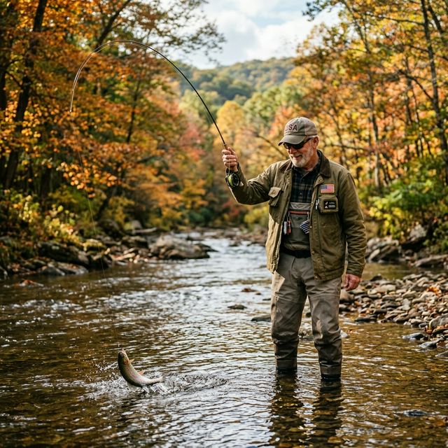 A military veteran fly fishing in a peaceful stream in the Catoctin Mountains of western Maryland during autumn, with a trout on the line and golden foliage along the stream banks