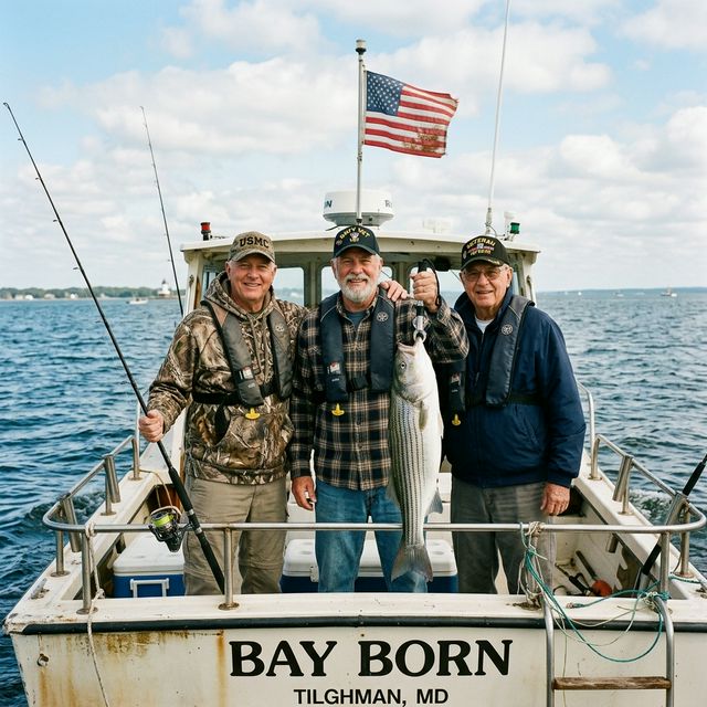 Three veterans on a charter fishing boat on the Chesapeake Bay near Tilghman Island, one holding up a striped bass, with an American flag flying from the boat antenna