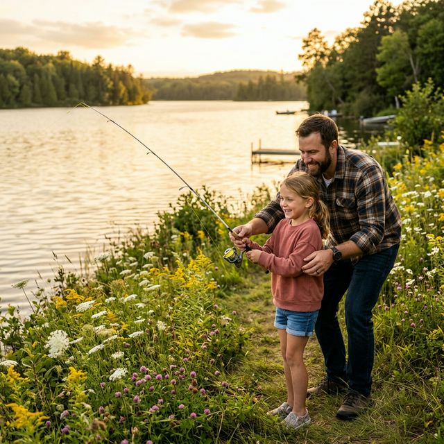 A father in a plaid flannel shirt helping his young daughter cast a fishing rod on the shore of a Michigan inland lake at golden hour, wildflowers lining the grassy bank, the girl concentrating with a big smile