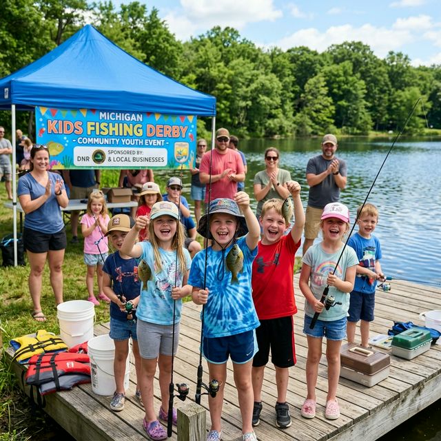 Excited children holding up caught bluegill and bass at a Michigan Kids Fishing Derby community event, parents cheering in the background, DNR-sponsored tent and banner visible, sunny summer day on a pond dock