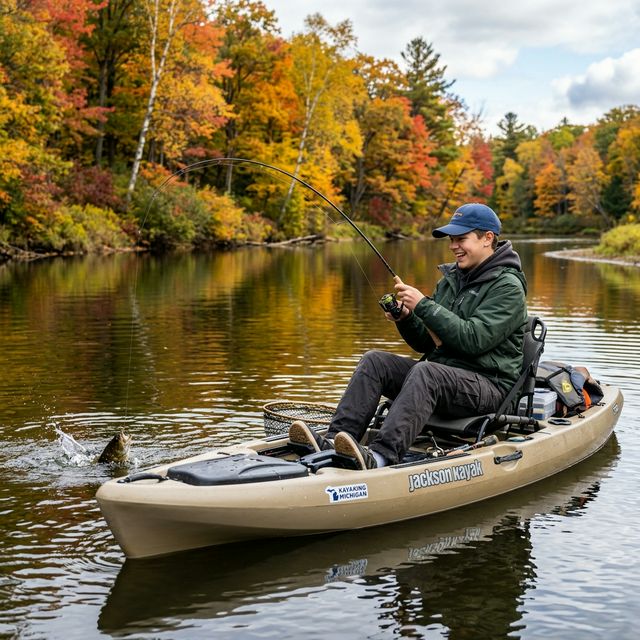 A teenage boy fishing from a sit-on-top kayak on a calm Michigan river in autumn, rod bent fighting a fish, with brilliant orange and yellow foliage reflected on the water surface