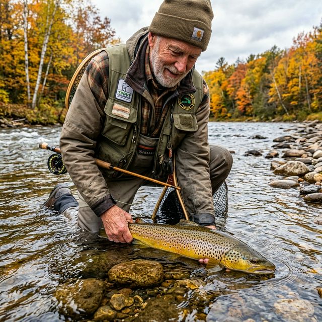 An experienced angler carefully releasing a golden-spotted brown trout into the crystal-clear Au Sable River, with autumn birch trees and rounded river rocks creating a classic Michigan trout stream scene
