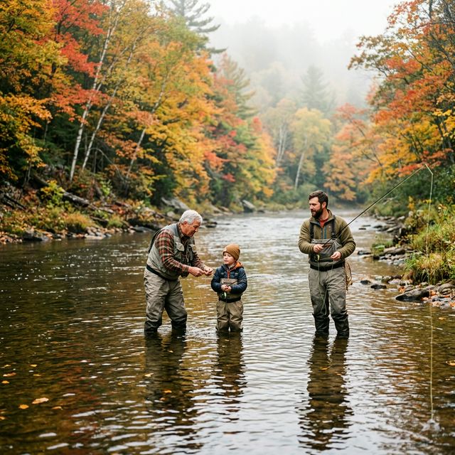 Three generations of anglers — grandfather, father, and young son — standing in the Pere Marquette River in Michigan on a misty autumn morning, surrounded by brilliant red and orange maple foliage