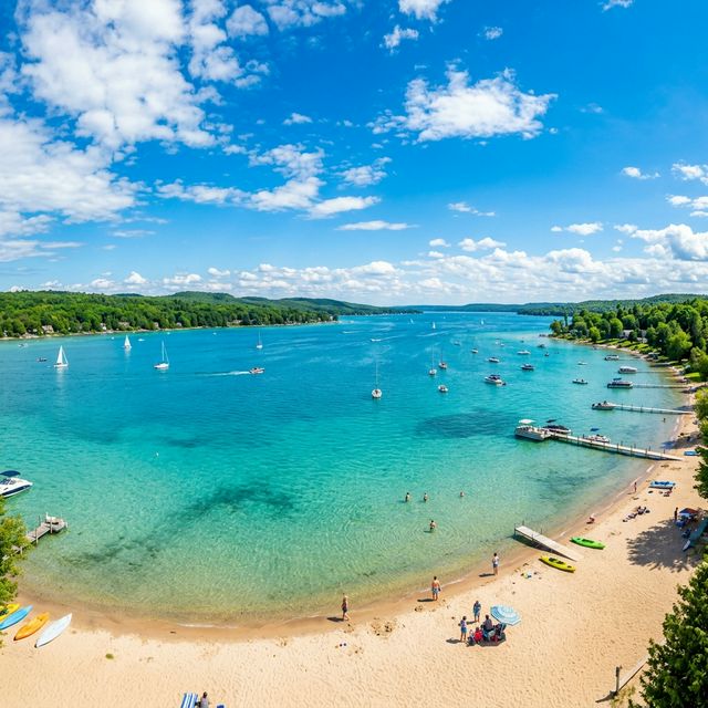 Aerial panoramic view of Torch Lake, Michigan in summer, showing stunning turquoise Caribbean-like water, sandy beaches, green forested shoreline, and sailboats dotting the crystal-clear surface