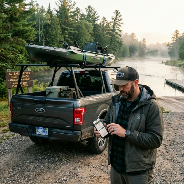 An angler checking his Michigan fishing license on a smartphone at the Au Sable River boat launch, with a pickup truck carrying a kayak on the roof rack and Michigan pine forest in the misty background