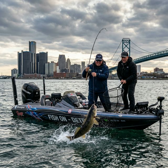 Two anglers in a bass boat fighting a large walleye on the Detroit River with the Detroit skyline and Ambassador Bridge visible under dramatic storm clouds