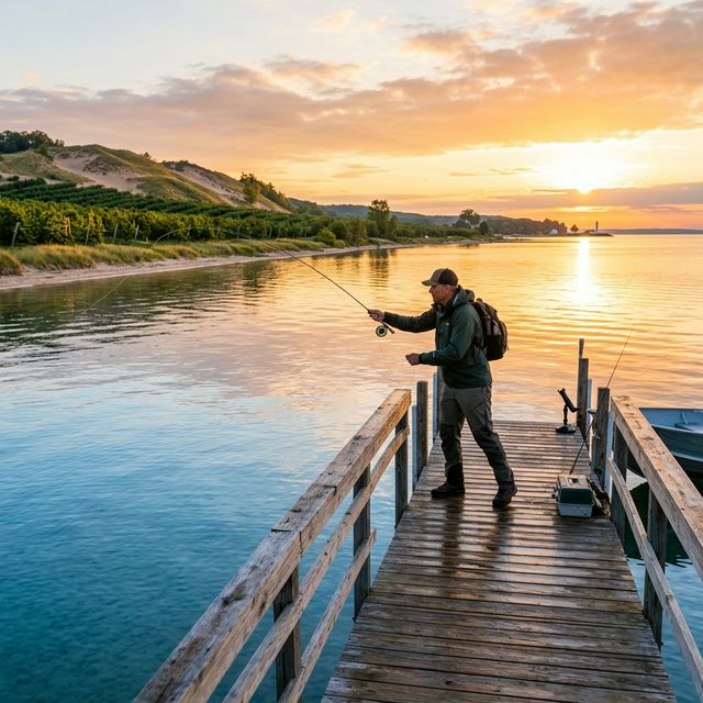 An angler casting from a weathered wooden dock on Lake Michigan near Traverse City at sunrise, with sandy dunes and orchards glowing in golden morning light across the calm water