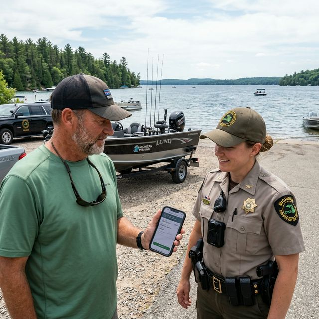 An angler showing his digital Michigan fishing license on a smartphone to a smiling female DNR Conservation Officer at a pine-lined Michigan lake boat launch, with a fishing boat on trailer in the background