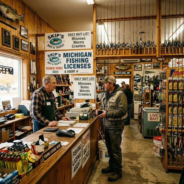 Interior of a classic Michigan bait and tackle shop in Grayling with fishing license signs, rods on wall racks, and an angler speaking with the shopkeeper at the wooden counter