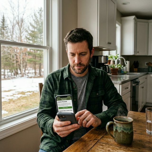 A man in a green flannel shirt checking the Michigan DNR Hunt Fish app on his smartphone at a kitchen table with coffee, early spring morning light streaming through windows showing Michigan's late-winter landscape