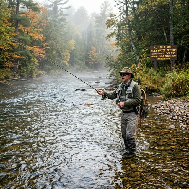 A fly fisherman standing in the Au Sable River Holy Water section, with a brown and gold DNR special regulations sign visible on the cedar-lined bank, morning mist hovering over the clear gravel-bottom trout stream