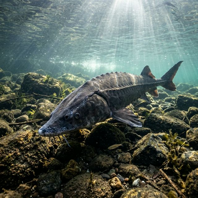 A massive lake sturgeon swimming near rocky river bottom in crystal-clear Michigan water, sunlight filtering through the surface, ancient prehistoric fish with armored plates visible in stunning detail