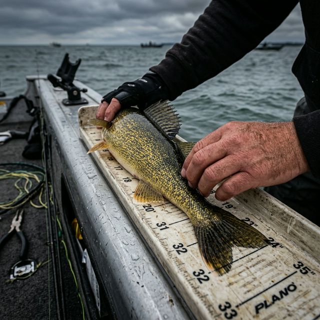 Close-up of an angler's hands measuring a walleye on a ruler mounted to a boat gunwale on Lake Erie, with overcast Great Lakes skies and other fishing boats visible in the background