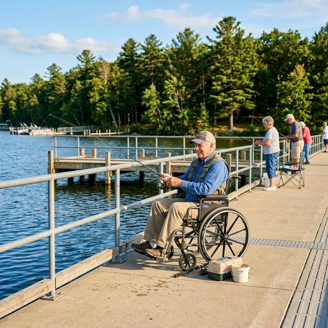 A senior man in a wheelchair fishing from an ADA-accessible pier on a Michigan inland lake, with metal railings and concrete surface, surrounded by pine trees on a warm summer afternoon