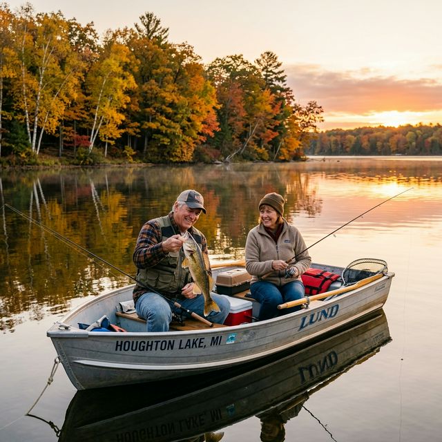 A retired couple smiling in a small aluminum boat on Houghton Lake, Michigan, the man holding a walleye catch while surrounded by brilliant autumn foliage reflecting on calm morning water