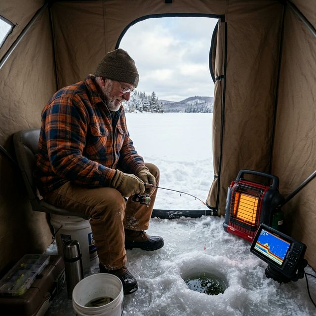 A senior man in flannel sitting inside a heated ice fishing shanty on a frozen Michigan lake, rod tip over the ice hole, portable heater glowing, with a fish finder screen and snow-covered Upper Peninsula landscape visible through the open door