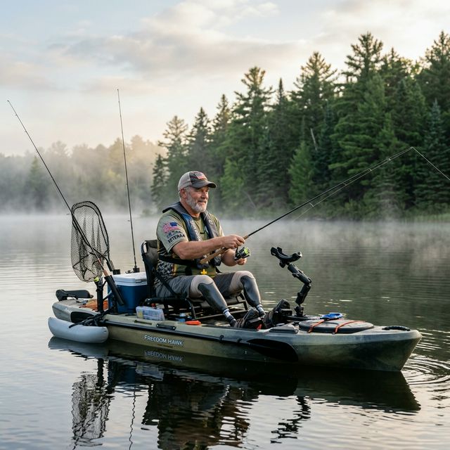 A disabled veteran using an adaptive kayak with specialized rod holders and accessible seating on a calm Michigan inland lake, with pine trees and morning mist creating a peaceful recovery scene