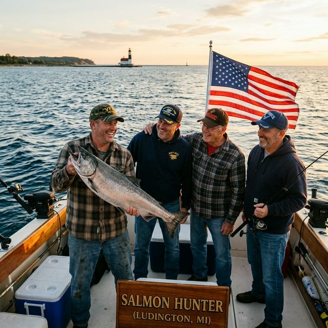 A group of military veterans celebrating with a large king salmon catch on a charter boat on Lake Michigan near Ludington, American flag flying in the golden sunset light, lighthouse visible in the background