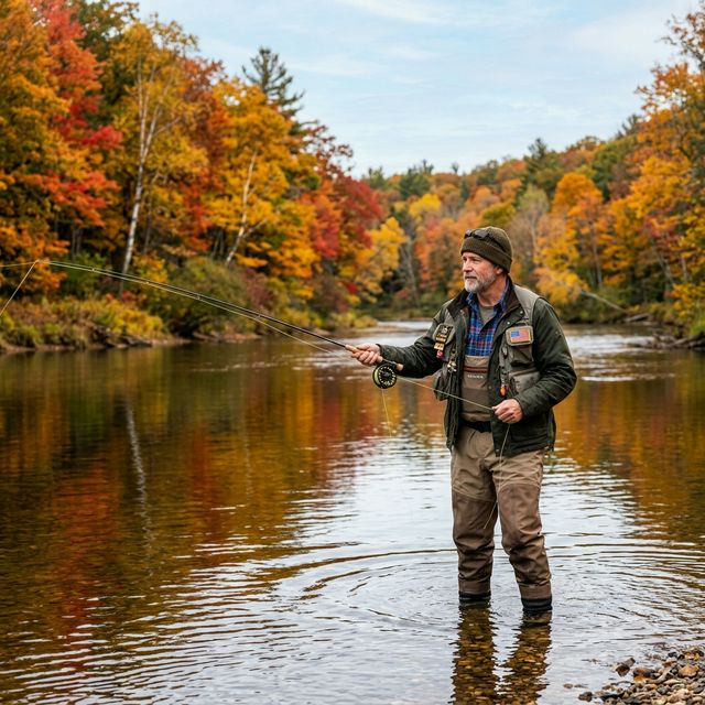 A military veteran in waders and an olive field jacket fly fishing on the Manistee River in Michigan during autumn, surrounded by brilliant orange and red foliage reflecting on the calm river surface