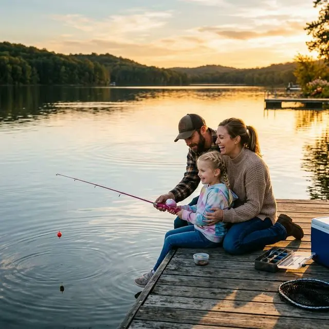 Parents teaching their young child how to fish at a calm Missouri lake during golden hour sunset