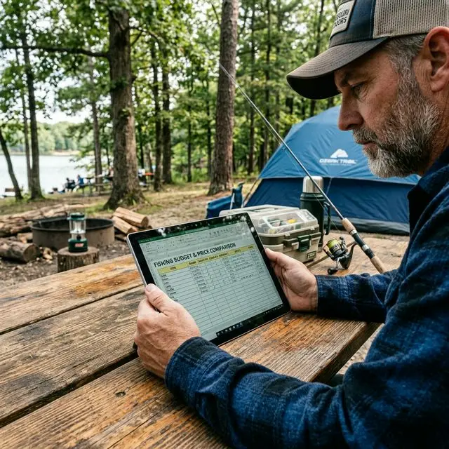 Person analyzing a fishing license cost comparison chart on a tablet at a campsite in Missouri