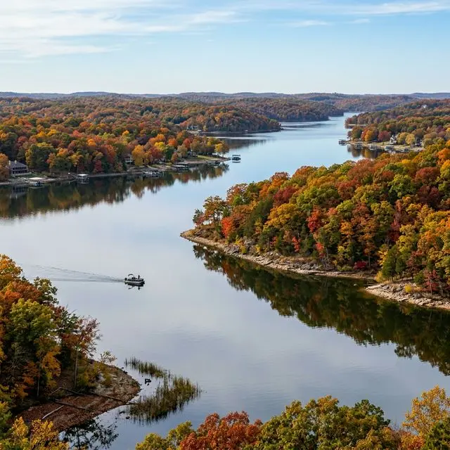 Wide panoramic image of Lake of the Ozarks in autumn with beautiful fall foliage reflecting on calm water