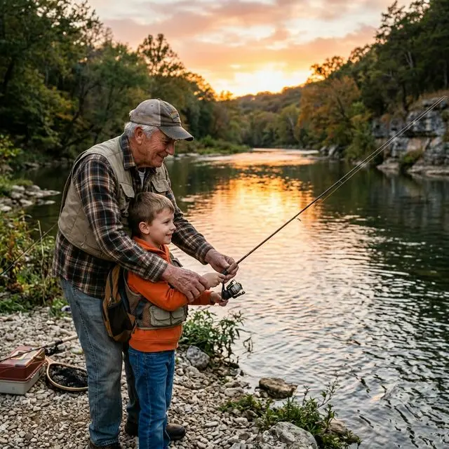 Grandfather teaching his young grandchild how to fish, casting a line together on a beautiful Missouri stream at sunset